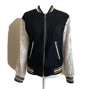 Eye of the Needle Black & White Lace Overlay Full-Zip Bomber Jacket Size Small